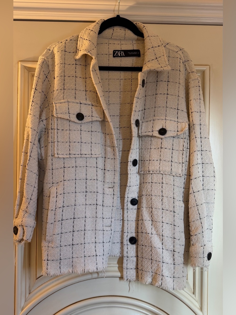 Zara Cream Tweed Windowpane Shacket with Black Grid